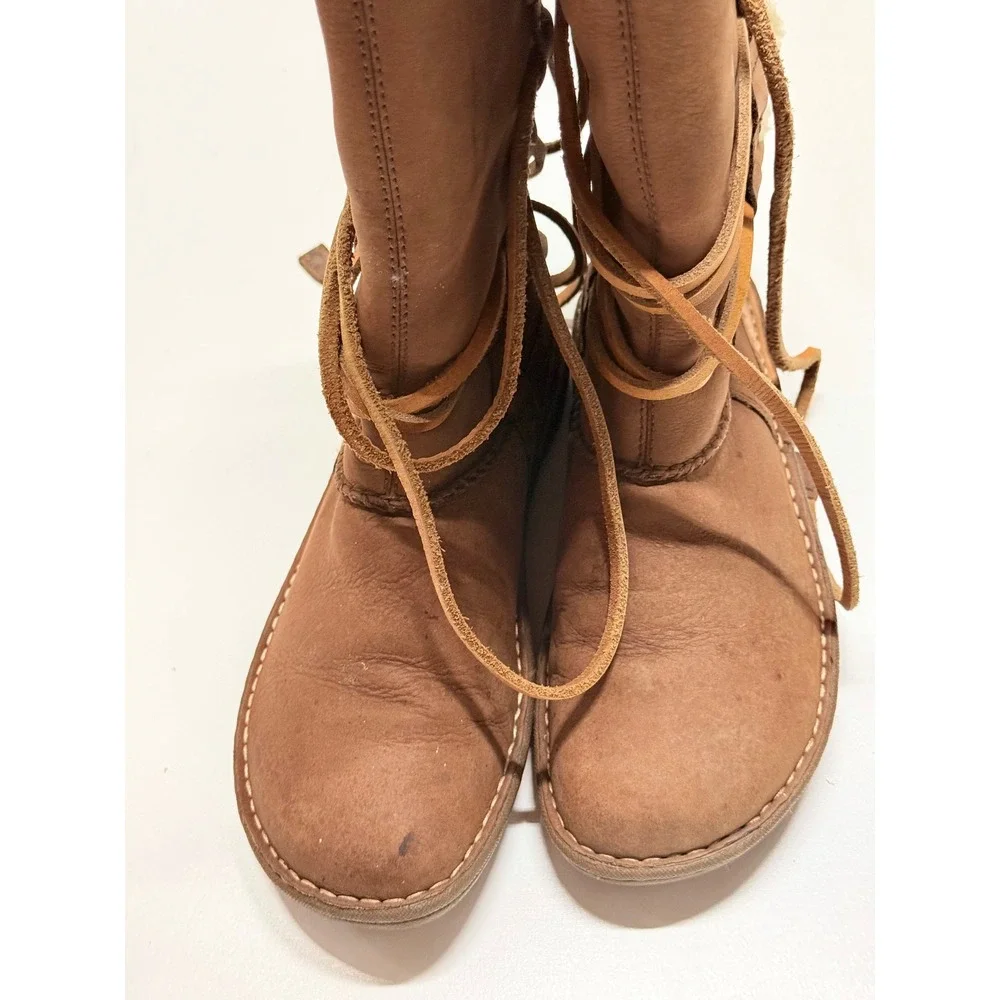 UGG Australia Sunburst Tall Brown Suede Lace Up Shearling Boots 1634 Womens 7
